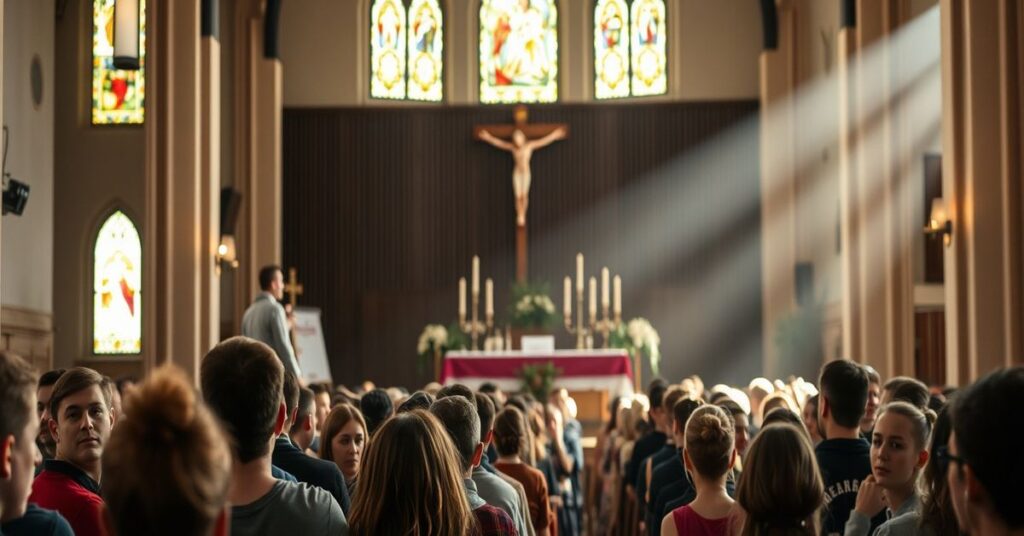 Grupa młodych ludzi podczas rekolekcji katolickich w Bydgoszczy