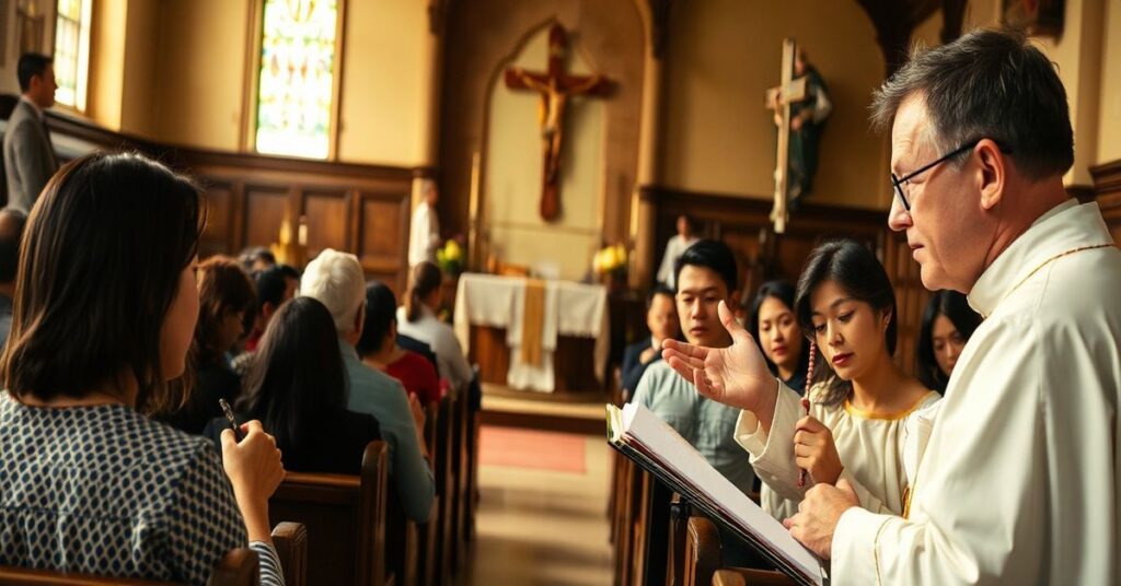 Tradycyjny kościół katolicki z kaznodzieją na ambonie i zatroskanymi rodzicami w ławkach, modlącymi się z różańcami.