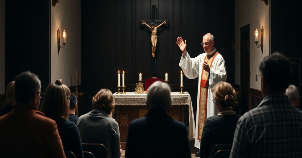 Tradycyjna kaplica podczas rekolekcji dla rodziców po stracie dziecka, z księdzem i terapeutką w tle.