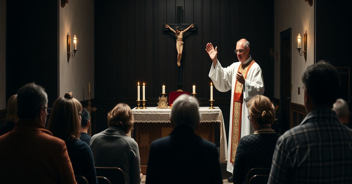 Tradycyjna kaplica podczas rekolekcji dla rodziców po stracie dziecka, z księdzem i terapeutką w tle.