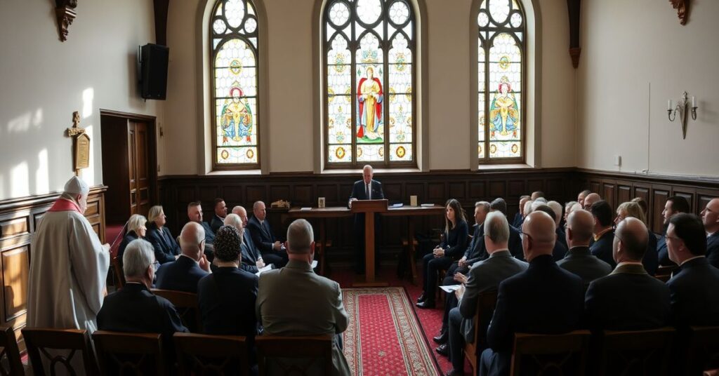 Grupa duszpasterzy rolników uczestniczących w rekolekcjach w Konstancinie-Jeziornie pod przewodnictwem biskupa Leszka Leszkiewicza i gości państwowych.