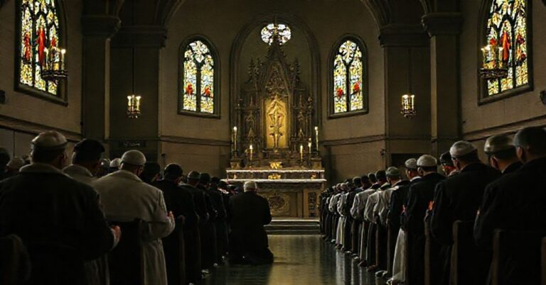 Pilgrzymi w kaplicy na dworcu we Wrocławiu podczas rzekomych rekolekcji adwentowych