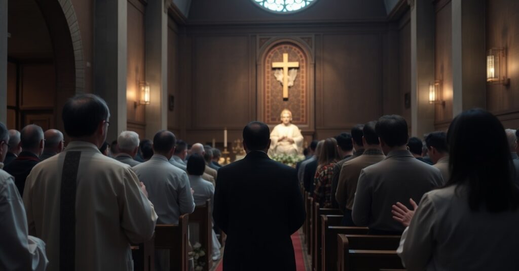 Grupa wiernych uczestniczących w rekolekcjach eucharystycznych w tradycyjnym kościele katolickim w Japonii.