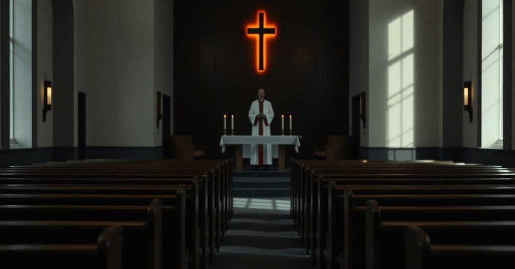 Pusty kościół z modernistycznym ołtarzem i gasnącymi świecami symbolizujący duchową ruinę heretyckich rekolekcji.