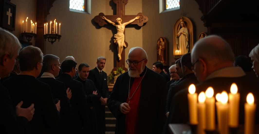 Przykładowy obraz tradycyjnej rekolekcji w kaplicy na Jasnej Górze, z modlącymi się wiernymi i kapłanem w sutannie, podkreślający głęboką pobożność i wiarę w tradycyjnym katolickim duchu.