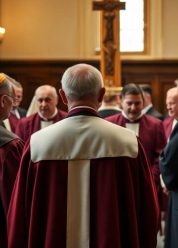 Fotografia katolickich kapłanów na rekolekcjach we Francji Realistyczne zdjęcie katolickich kapłanów podczas rekolekcji we Francji, ukazujące modlitwę i skupienie w tradycyjnej atmosferze kościelnej.