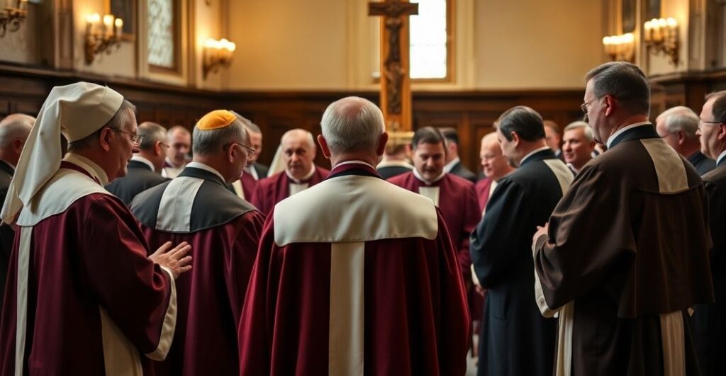 Realistyczne zdjęcie katolickich kapłanów podczas rekolekcji we Francji, ukazujące modlitwę i skupienie w tradycyjnej atmosferze kościelnej.