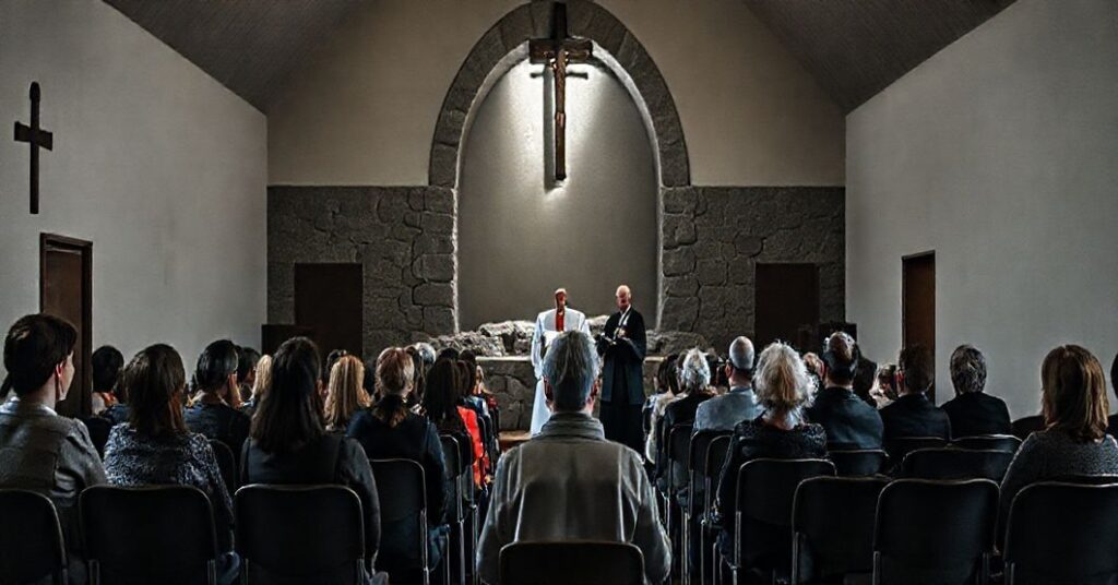 Tradycyjny wizerunek wnętrza kaplicy podczas rekolekcji wielkopostnych w Kudowie-Zdroju w 2025 roku; młodzi ludzie słuchają prelegenta bez tradycyjnych elementów katolickich.