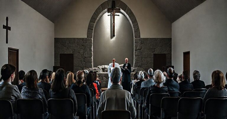 Tradycyjny wizerunek wnętrza kaplicy podczas rekolekcji wielkopostnych w Kudowie-Zdroju w 2025 roku; młodzi ludzie słuchają prelegenta bez tradycyjnych elementów katolickich.