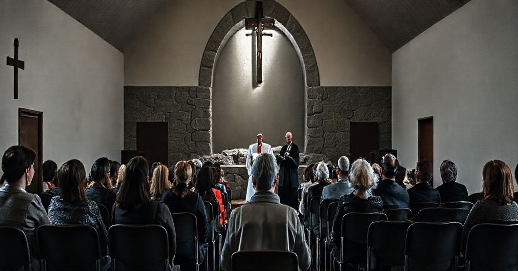 Tradycyjny wizerunek wnętrza kaplicy podczas rekolekcji wielkopostnych w Kudowie-Zdroju w 2025 roku; młodzi ludzie słuchają prelegenta bez tradycyjnych elementów katolickich.