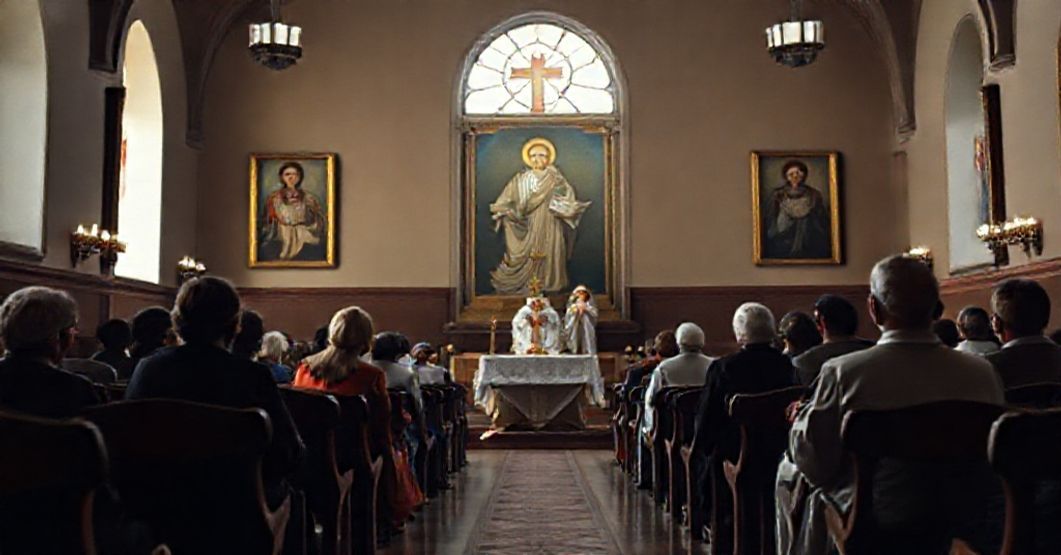Wizerunek przedstawiający nieszczęśliwą rodzinę na fałszywych rekolekcjach w Łagiewnikach, symbolizujących duchową pustkę nowoczesnego modernizmu.