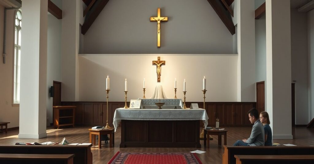 Seriousna scena rekolekcji katolickich bez Mszy Świętej, z pustym ołtarzem i zdezorientowanymi dziećmi