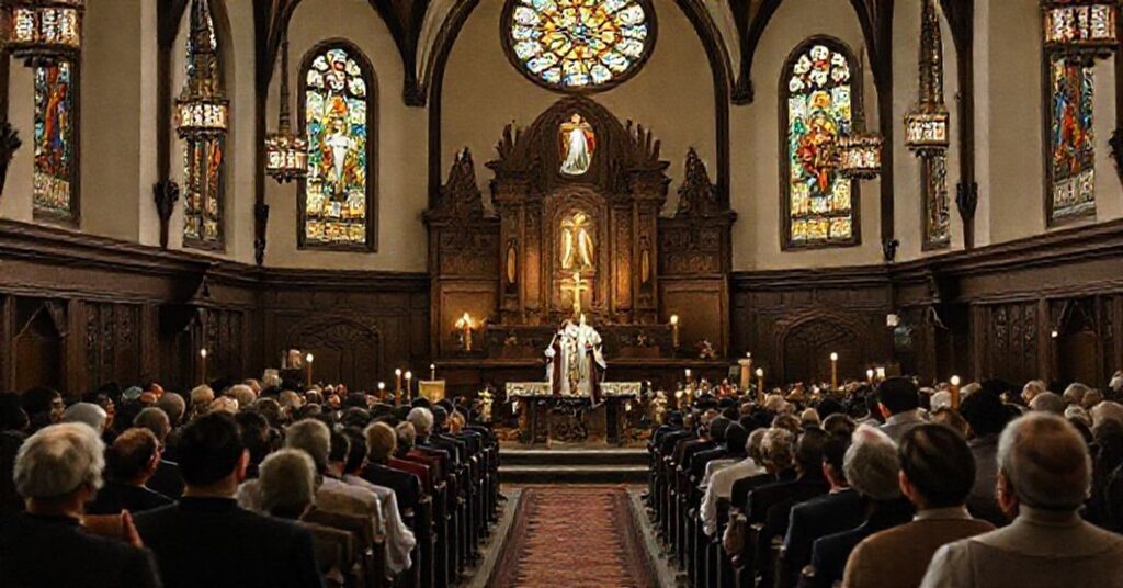 Wnętrze kościoła z tradycyjnymi witrażami przedstawia ks. Tomasza Chlebowskiego prowadzącego rekolekcje adwentowe przed tłumem, akcentując kontrowersyjny 'anielski cud' bł. Filipy Mareri. Scena zawiera wystawione relikwie o wątpliwej kanonizacji, kontrastujące z prawdziwą franciszkańską ubóstwem.