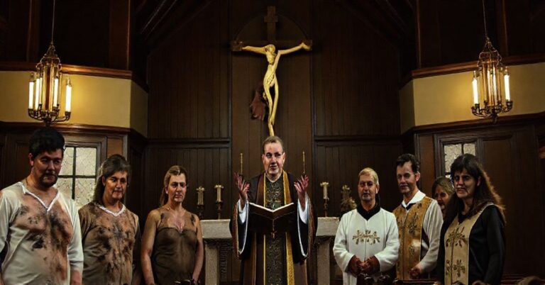 Wnętrze kościoła z grupą osób skrzywdzonych przez duchownych faktycznie prowadzących pseudo-rekolekcje w Porszewicach, 2025