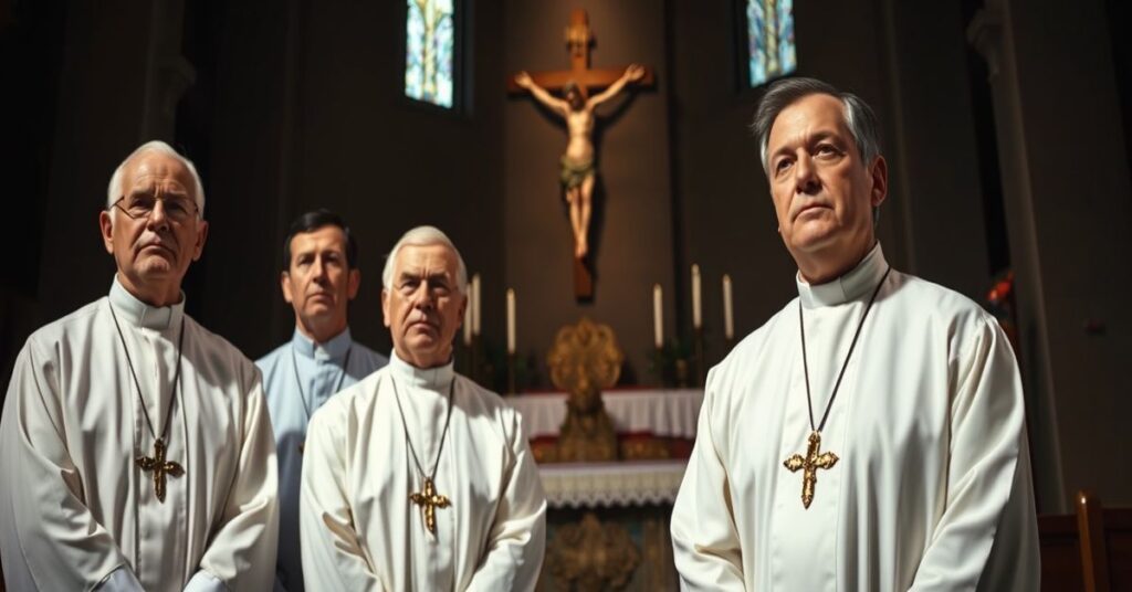 Tradycyjni ksiżowie w sutannach stoią w koście z krzyżem i tabernakulum na tle.