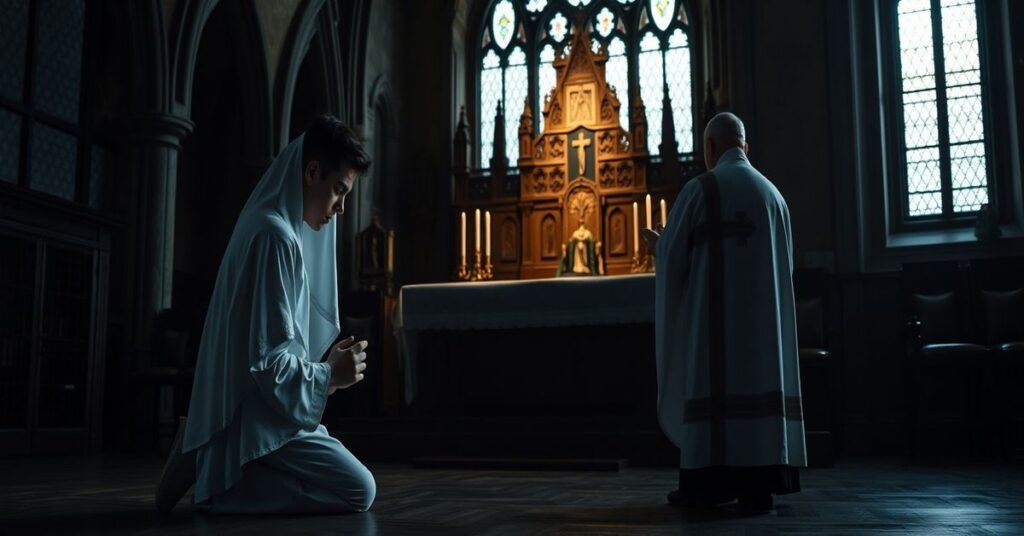 Młody seminarzysta modli się przed tradycyjnym ołtarzem w Wyższym Seminarium Duchownym w Łodzi, otoczony gotycką architekturą.