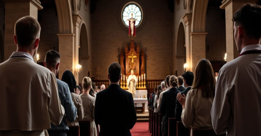 Grupa młodych ludzi modli się przed Najświętszym Sakramentem w tradycyjnym kościele katolickim podczas rekolekcji sedewakantystycznych w Czechowicach-Dziedzicach. Scena podkreśla pobożność katolicką z poniżonymi postawami i koncentracją na Eucharystii.