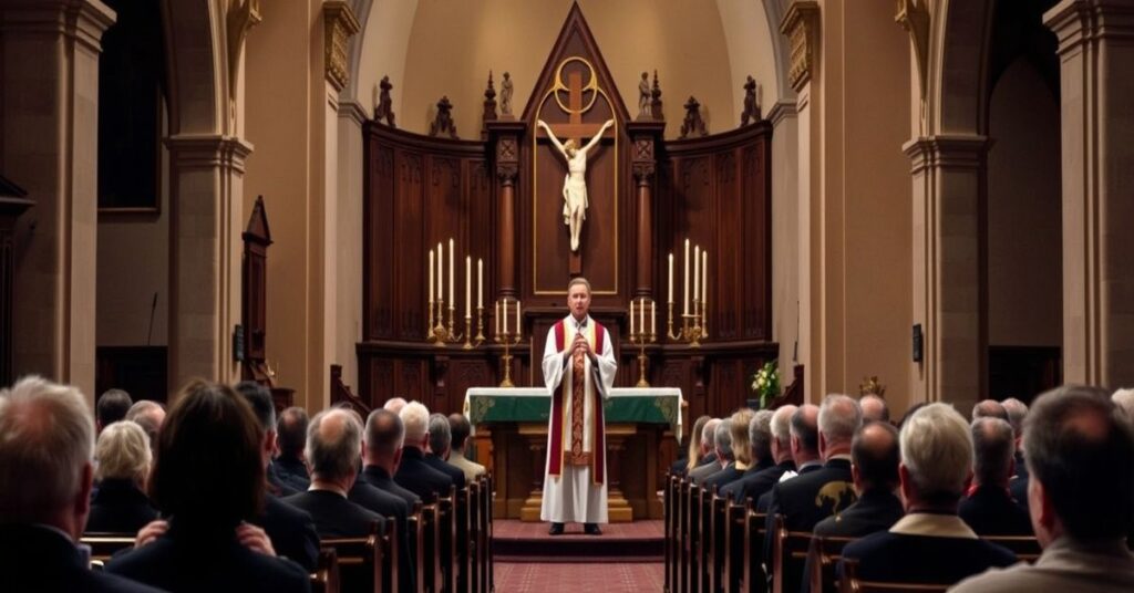 Wnętrze kościoła podczas rekolekcji wielkopostnych z bp. Erykiem Vardenem wygłaszającym kazań o mistyce św. Bernarda i psychoanalizie Lacana.