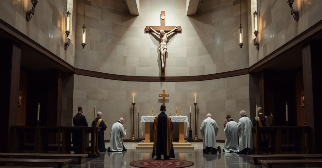 Kaplica katolicka z krzyżem i ołtarzem, grupa księży w tradycyjnych szatach liturgicznych modląca się bez kontekstu ofiary czy autorytetu Kościoła.