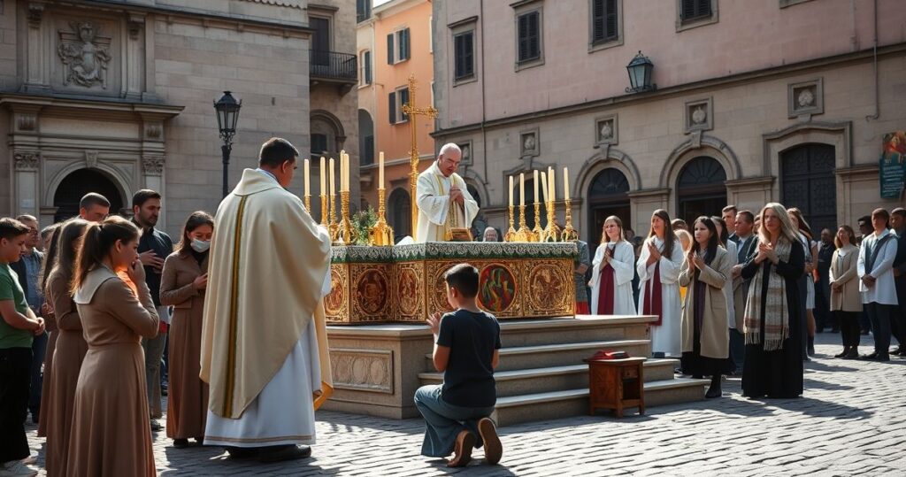 Rekolekcje katolickie na placu świętego Piotra, kapłan prowadzący Mszę w tradycyjnym stroju, młodzież modląca się, spokojna i pełna wiary scena religijna na zewnątrz.