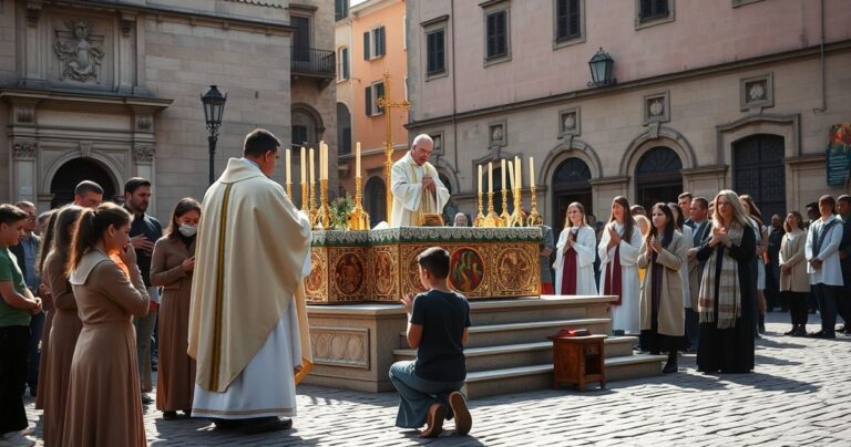 Rekolekcje katolickie na placu świętego Piotra, kapłan prowadzący Mszę w tradycyjnym stroju, młodzież modląca się, spokojna i pełna wiary scena religijna na zewnątrz.