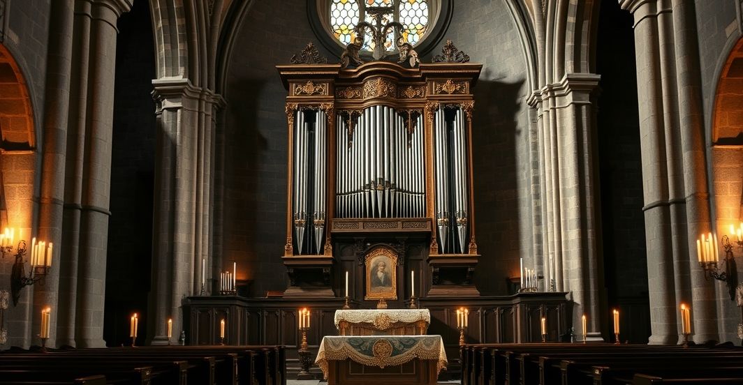 Rekonstrukcja średniowiecznego organu w katolickiej świątyni Wnętrze średniowiecznej katolickiej świątyni z rekonstrukcją starożytnego organu i oświetleniem świecowym, podkreślające sakralną atmosferę i tradycję liturgiczną