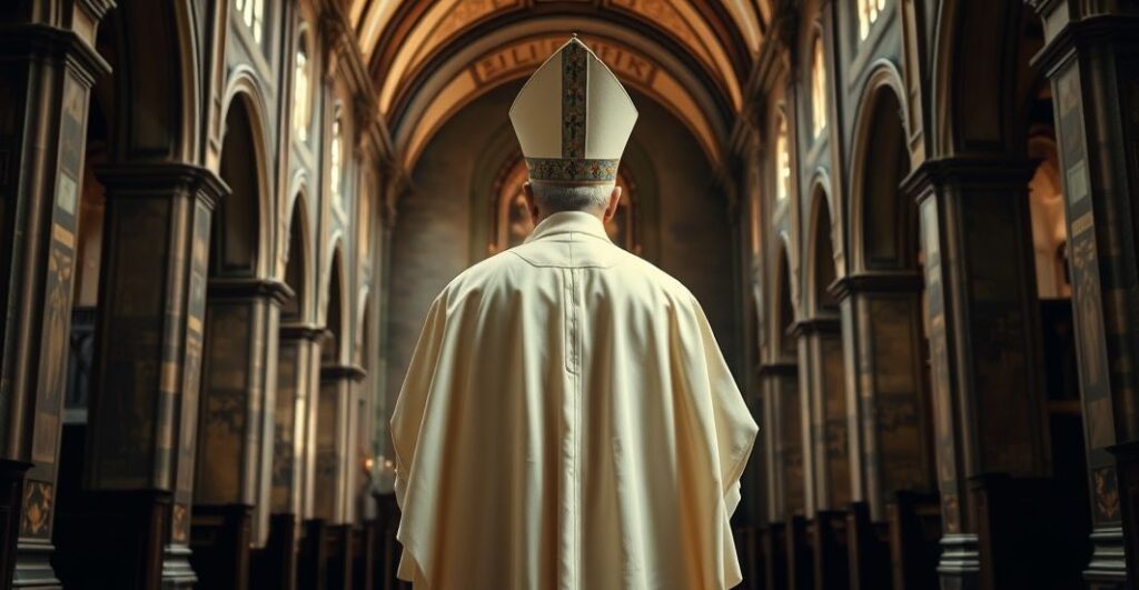 Rektor katolicki w liturgicznych szatach w świątyni, symbol prawdziwej wiary katolickiej, bez nowoczesnych elementów, przedstawiający autentyczną hierarchię i tradycję.