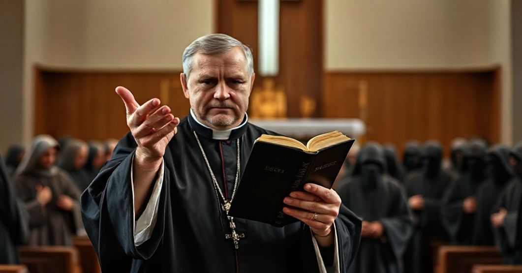 Scena tradycyjnego katolickiego duchownego w nowoczesnym kościele, symbolizująca relatywizację Ewangelii.