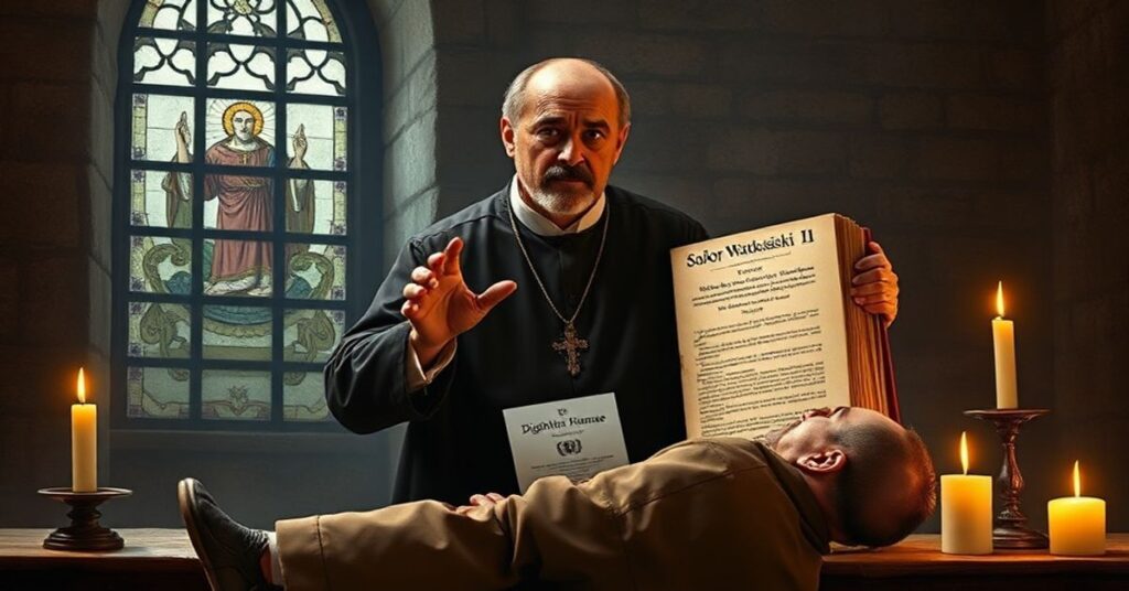 Tradycyjny scenariusz sądowy inkwizycji z dominikańskim kaznodzieją i współczesnym heretykiem