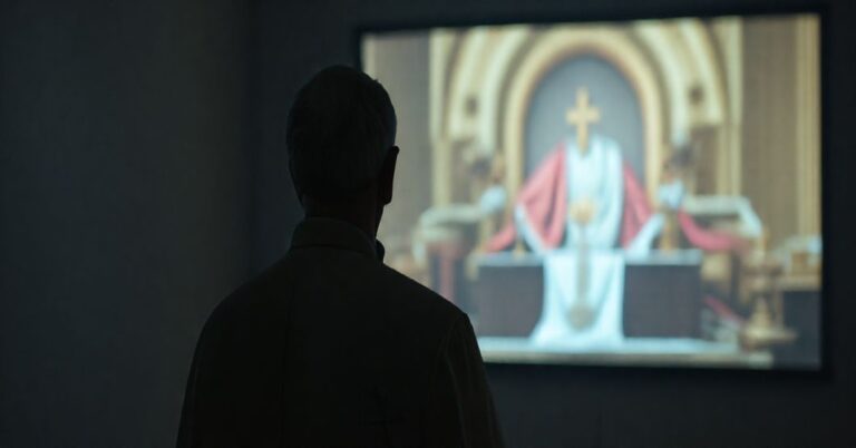 Katolicki książ w tradycyjnych szatach liturgicznych stoi przed kinowym ekranem, na którym wyświetlana jest zniekształcona nowoczesna interpretacja eucharystii, symbolizując relatywizację tożsamości katolickiej.