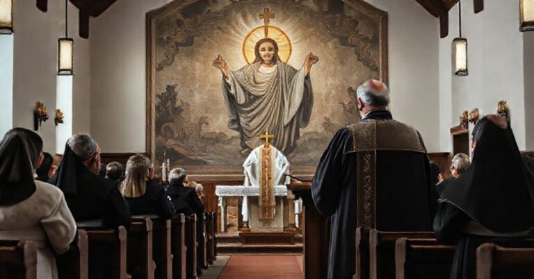 Scena z uroczystości zakończenia fałszywego Roku Świętego 2025 w pseudodiecezji katowickiej. Andrzej Przybylski wygłasza przemówienie redukujące królestwo Chrystusa do subiektywnych koncepcji w modernistycznej świątyni.