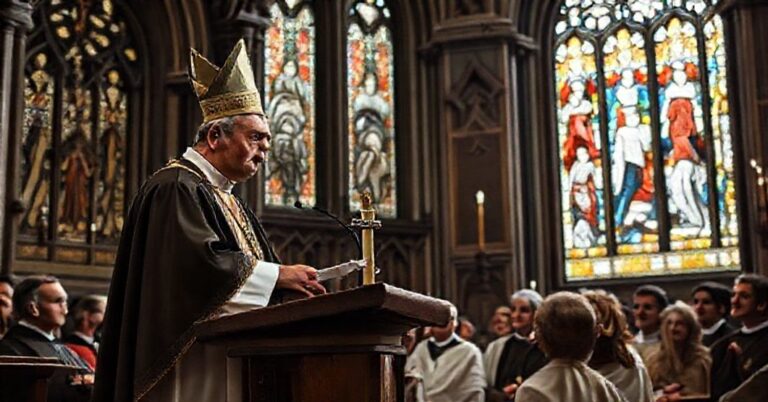 Scena w archikatedrze w Częstochowie przedstawiająca "abpa" Wacława Depo podczas kazań w czasie Mszy kończącej Rok Jubileuszowy.