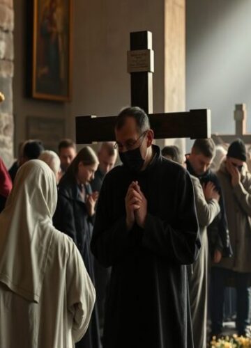 Droga Krzyżowa na Jasnej Górze - Relatywizacja Męki Pańskiej Zdjęcie przedstawiające drogę krzyżową na Jasnej Górze z tradycyjnymi i nowoczesnymi elementami, podkreślające teologiczny relatywizm i brak odpowiedniego kontekstu liturgicznego.