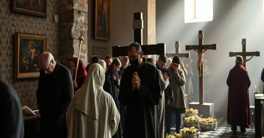 Zdjęcie przedstawiające drogę krzyżową na Jasnej Górze z tradycyjnymi i nowoczesnymi elementami, podkreślające teologiczny relatywizm i brak odpowiedniego kontekstu liturgicznego.