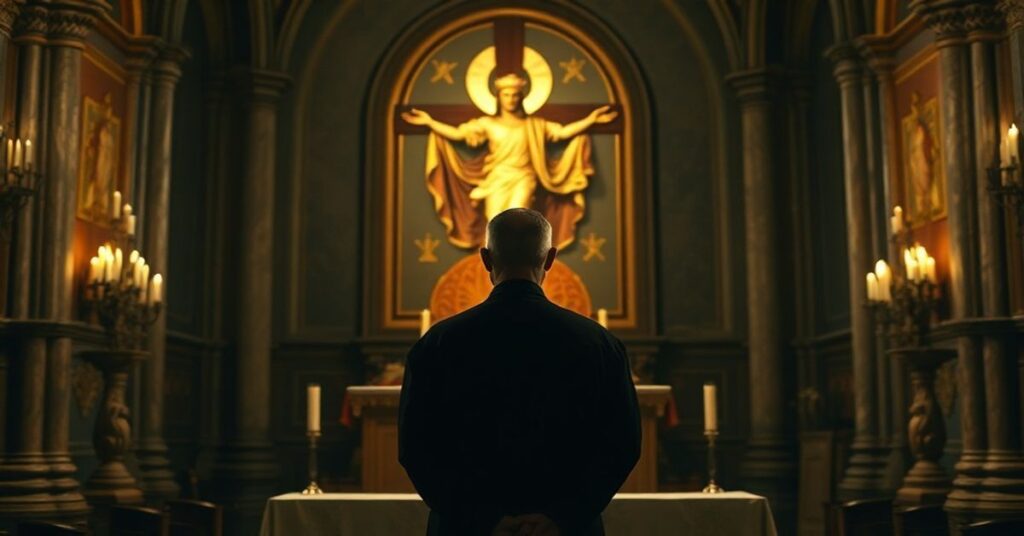 Solemne zdjęcie "kard." Pierbattisty Pizzaballi OFM stojącego przed tradycyjnym ołtarzem katolickim, otoczonego gotycką architekturą. Kontrastuje z nim orthogonalny wizerunek Chrystusa Króla symbolizujący prawdziwą naukę Kościoła.