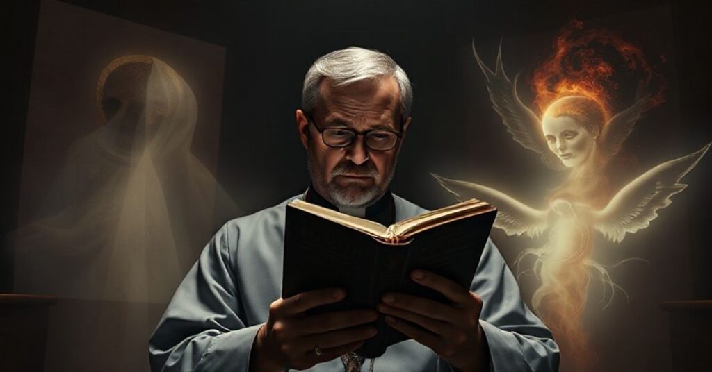 Ksiądz w konfesjonale z troską na twarzy trzymając katechizm. Wokół niego widok Czterech Ostatnich Rzeczy - Śmierć, Sąd Ostateczny, Niebo i Piekiło. Scena symbolizuje relatywizowanie nadziei chrześcijańskiej przez nowoczesną teologię.