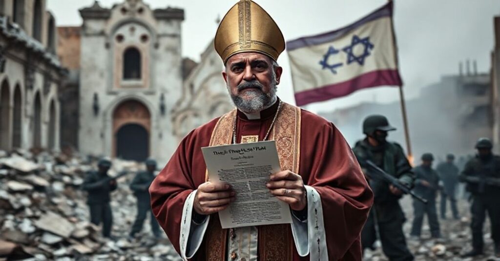 Zdjęcie przedstawiające pseudo-biskupa Abdallaha Eliasza Zaidana w liturgicznych szatach przed zniszczonym kościołem w Gazie, symbolizujące zmarnowany pokój i modernistyczne odchylenia od katolickiej nauki.