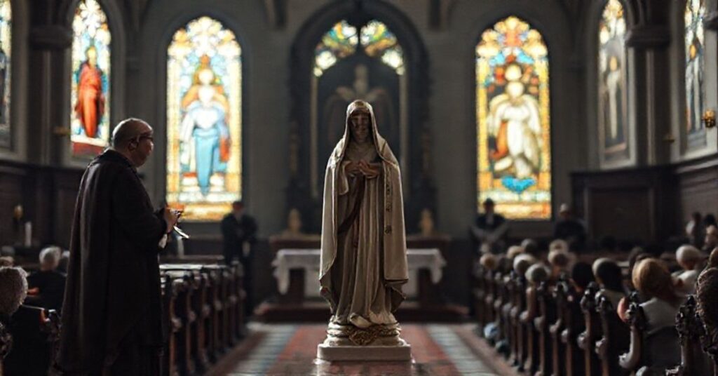 Tradycyjny wnętrze kościelne z rzeźbą Matki Boskiej Bolesnej na pierwszym planie. Kardynał Víctor Manuel Fernández trzyma dokument 'Mater Populi fidelis' w kurii jezuitów. Tło przedstawia zlewaną grupę modernistycznych duchownych usuwających tradycyjne tytuły maryjne.