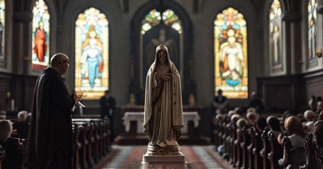 Tradycyjny wnętrze kościelne z rzeźbą Matki Boskiej Bolesnej na pierwszym planie. Kardynał Víctor Manuel Fernández trzyma dokument 'Mater Populi fidelis' w kurii jezuitów. Tło przedstawia zlewaną grupę modernistycznych duchownych usuwających tradycyjne tytuły maryjne.