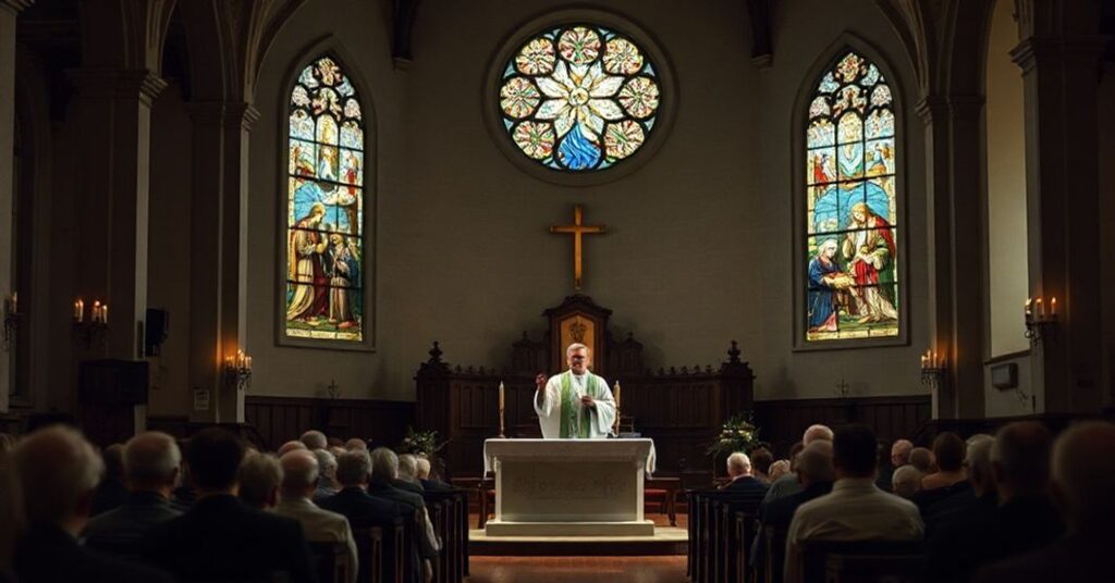 Wnętrze tradycyjnego kościoła z "arcybiskupem" Adrianem Galbasem podczas "pasterki" w Piasecznie. Przygaszone oświetlenie, minimalistyczne ozdoby ołtarza i Historyczne witraże prezentujące Narodzenie Pańskie. Zgromadzenie wydaje się zniechęcone przez modernistyczną homilię.