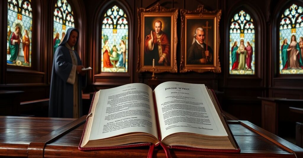 Ciemny wnętrze w tradycyjnym stylu katolickim z otwartym tomem "Esej o rozwoju chrześcijańskiej doktryny" Johna Henry'ego Newmana na luternicy drewnianej