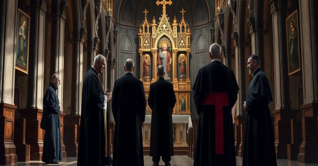 Wnętrze tradycyjnego kościoła katolickiego z biskupami w kasztanach; jeden biskup jest milczony przez świeckich, drugi stoi z aktywistą progresystów. Tło przedstawia cieniastą postać Ed Condona z The Pillar.