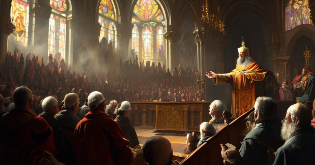 Sobór katolicki z biskupami słuchającymi kazania antychrześcijanina Leona XIV o fałszywych wartościach uniwersalnych i synkretyzmie.