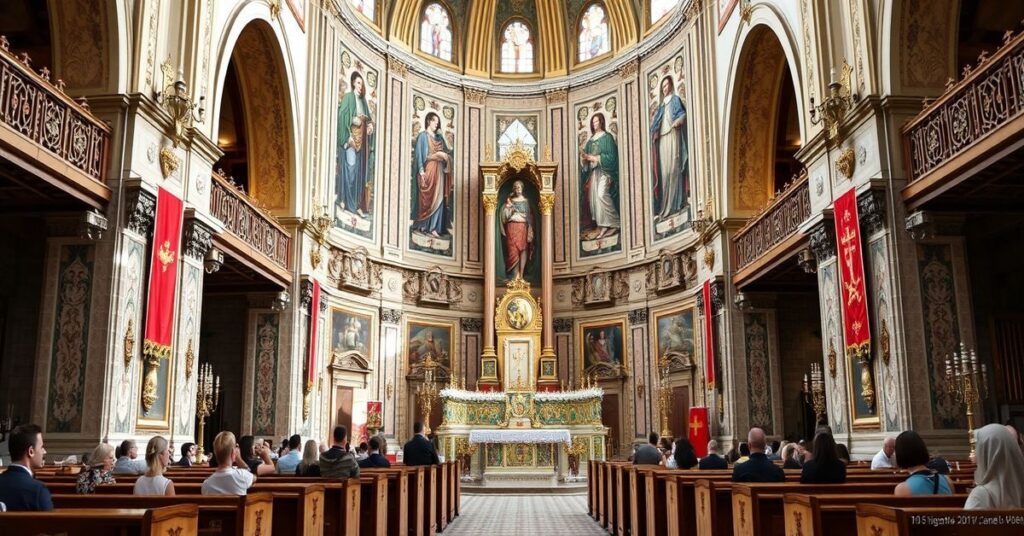 Obraz przedstawiający fałszywego "papieża" Leo XIV w modernistycznym otoczeniu kościelnym bez tradycyjnych katolickich symboli.