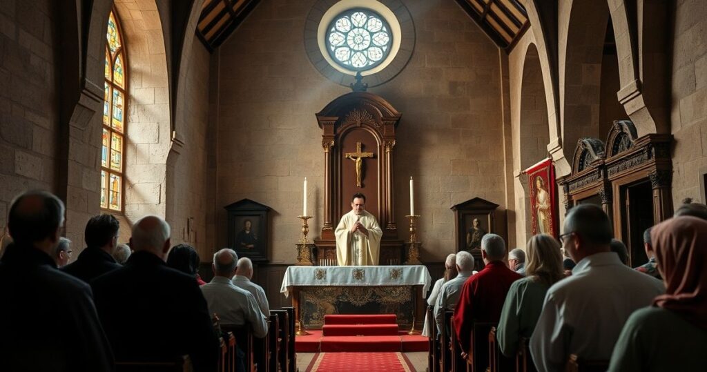 Religijna scena w kościele w Luboniu z kapłanem i wiernymi podczas modlitwy, symbolizująca kontrowersje wokół beatyfikacji Stanisława Streicha