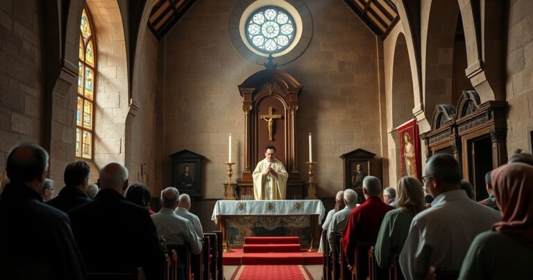 Religijna scena w kościele w Luboniu z kapłanem i wiernymi podczas modlitwy, symbolizująca kontrowersje wokół beatyfikacji Stanisława Streicha