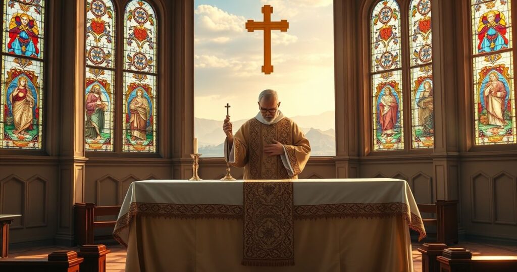 Religijne scena katolicka z kapłanem, modlitwą, w tle libańskie góry i witraże kościelne, ukazujące głębię wiary i pobożności.