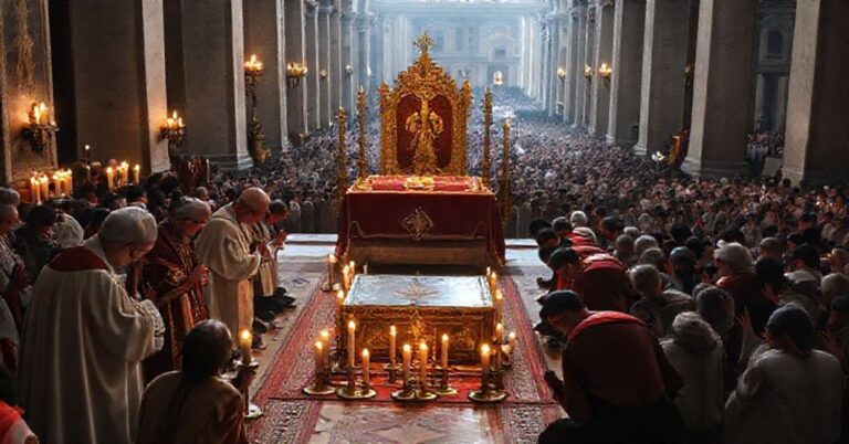 Tradycyjna katolicka scena przedstawiająca wiernych modlącyh się przed relikwią Krwi Chrystusa w Rzymie 2025