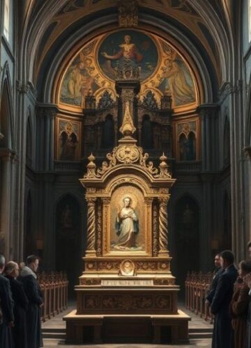 Relikwia katolicka w tradycyjnym kościele, kapłani i wierni w modlitwie, podkreślenie kontrowersji wokół relikwii i modernistycznej manipulacji liturgią