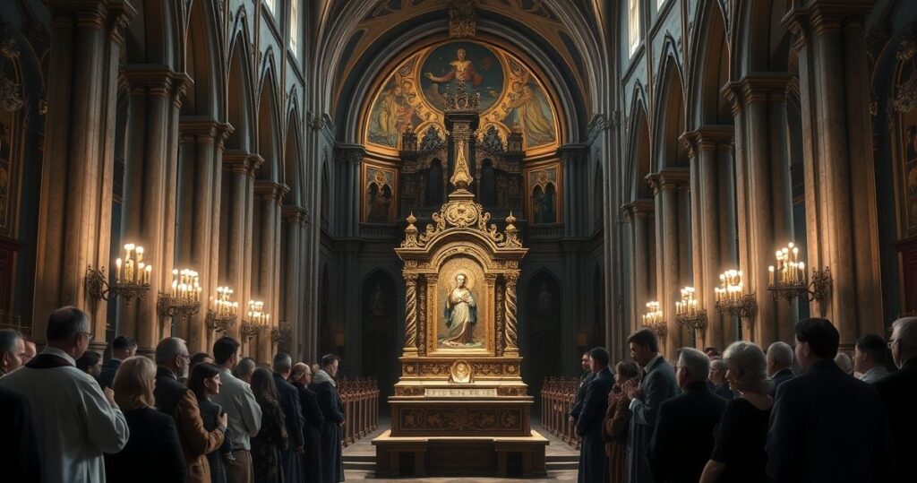 Relikwia katolicka w tradycyjnym kościele, kapłani i wierni w modlitwie, podkreślenie kontrowersji wokół relikwii i modernistycznej manipulacji liturgią